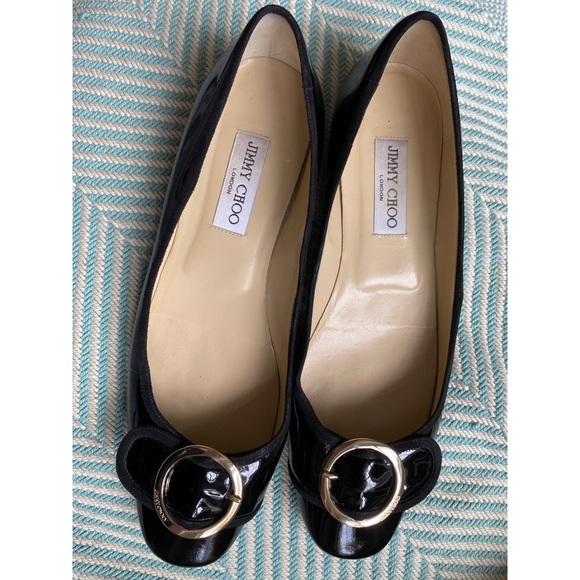 JIMMY CHOO Black Patent Leather Gold Buckle Flats - Picture 16 of 16